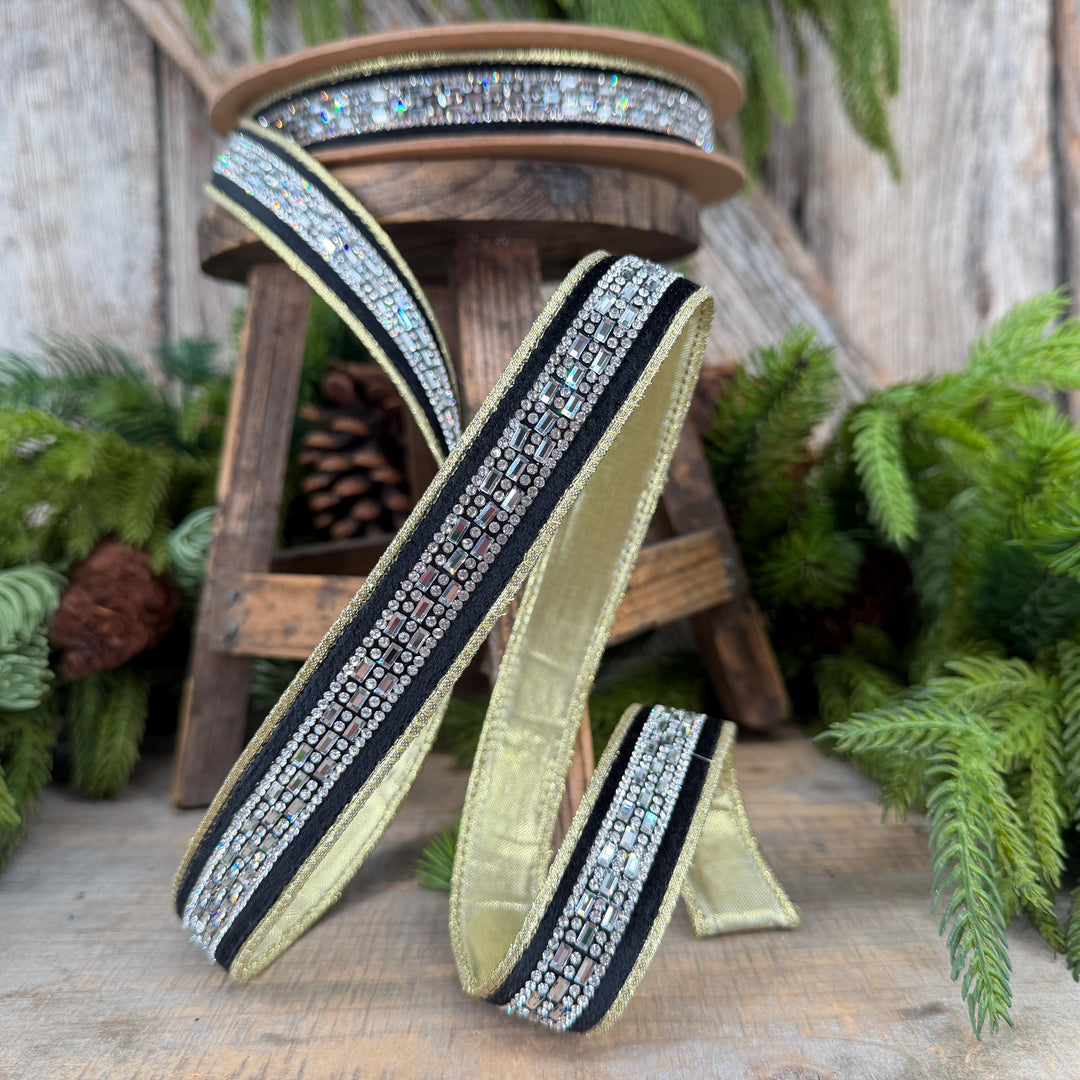 1” Black Velvet Diamond Accent Wired Ribbon, Gold Shimmer Backing, 10 Yard Roll