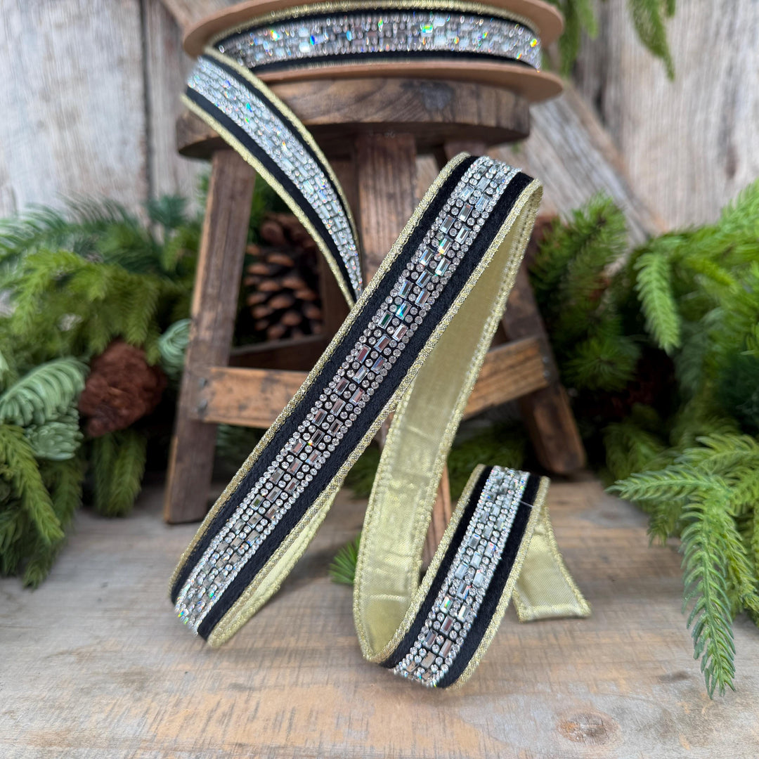 1” Black Velvet Diamond Accent Wired Ribbon, Gold Shimmer Backing, 10 Yard Roll