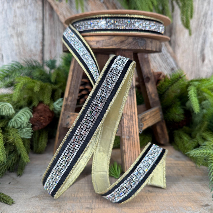 1” Black Velvet Diamond Accent Wired Ribbon, Gold Shimmer Backing, 10 Yard Roll