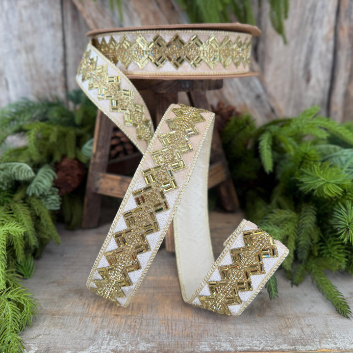 1.5” Ivory Jeweled Wired Ribbon, Gold Geometric Accent, 10-Yard Roll