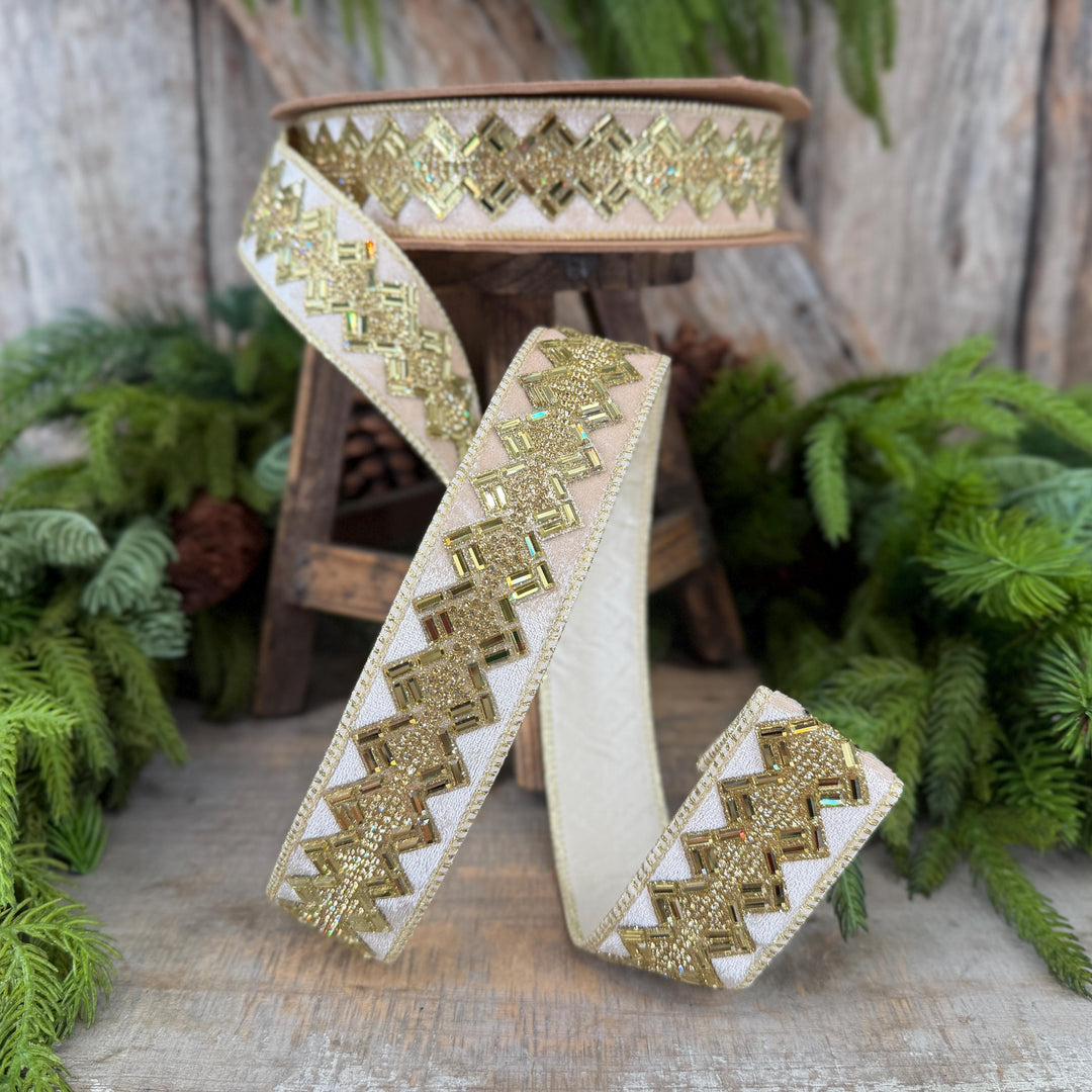 1.5” Ivory Jeweled Wired Ribbon, Gold Geometric Accent, 10-Yard Roll