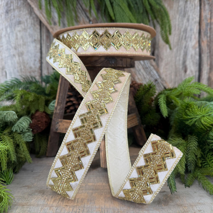 1.5” Ivory Jeweled Wired Ribbon, Gold Geometric Accent