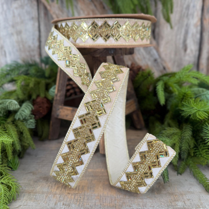 1.5” Ivory Jeweled Wired Ribbon, Gold Geometric Accent, 10-Yard Roll