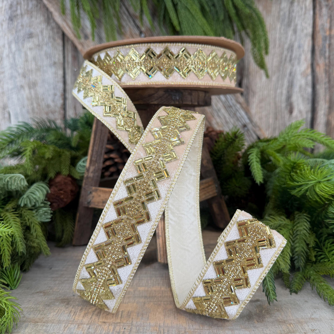 1.5” Ivory Jeweled Wired Ribbon, Gold Geometric Accent, 10-Yard Roll