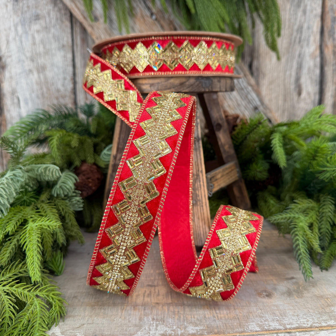1.5” Red Jeweled Wired Ribbon, Gold Geometric Accent