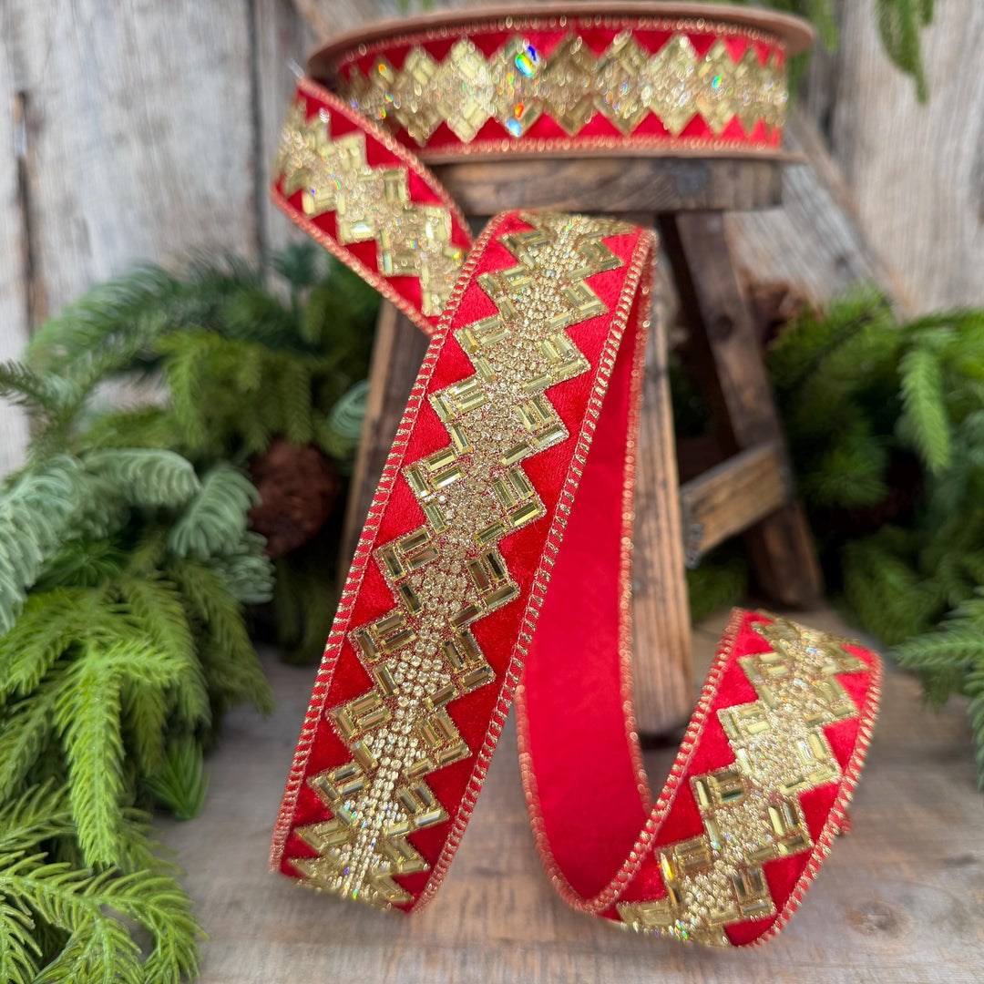 1.5” Red Jeweled Wired Ribbon, Gold Geometric Accent, 10-Yard Roll