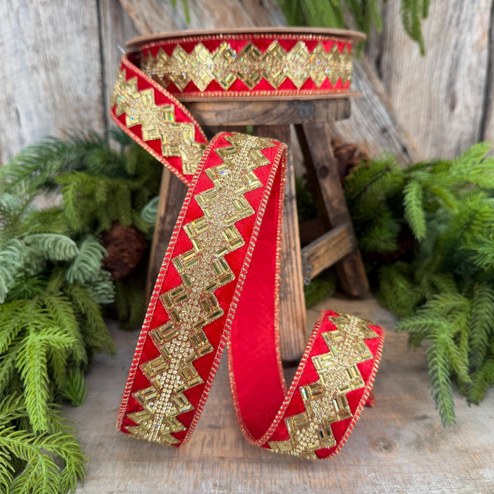 1.5” Red Jeweled Wired Ribbon, Gold Geometric Accent, 10-Yard Roll