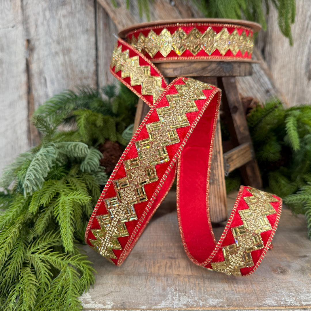 1.5” Red Jeweled Wired Ribbon, Gold Geometric Accent, 10-Yard Roll