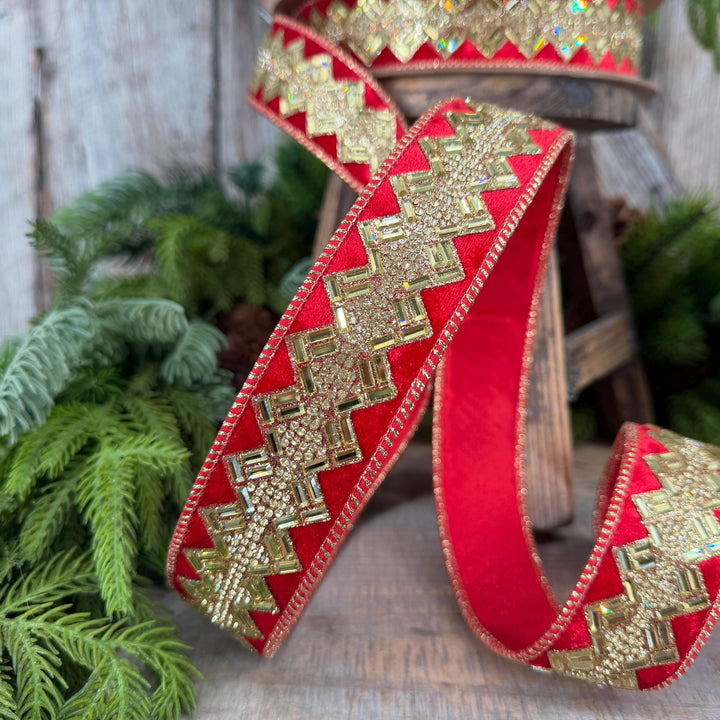 1.5” Red Jeweled Wired Ribbon, Gold Geometric Accent, 10-Yard Roll