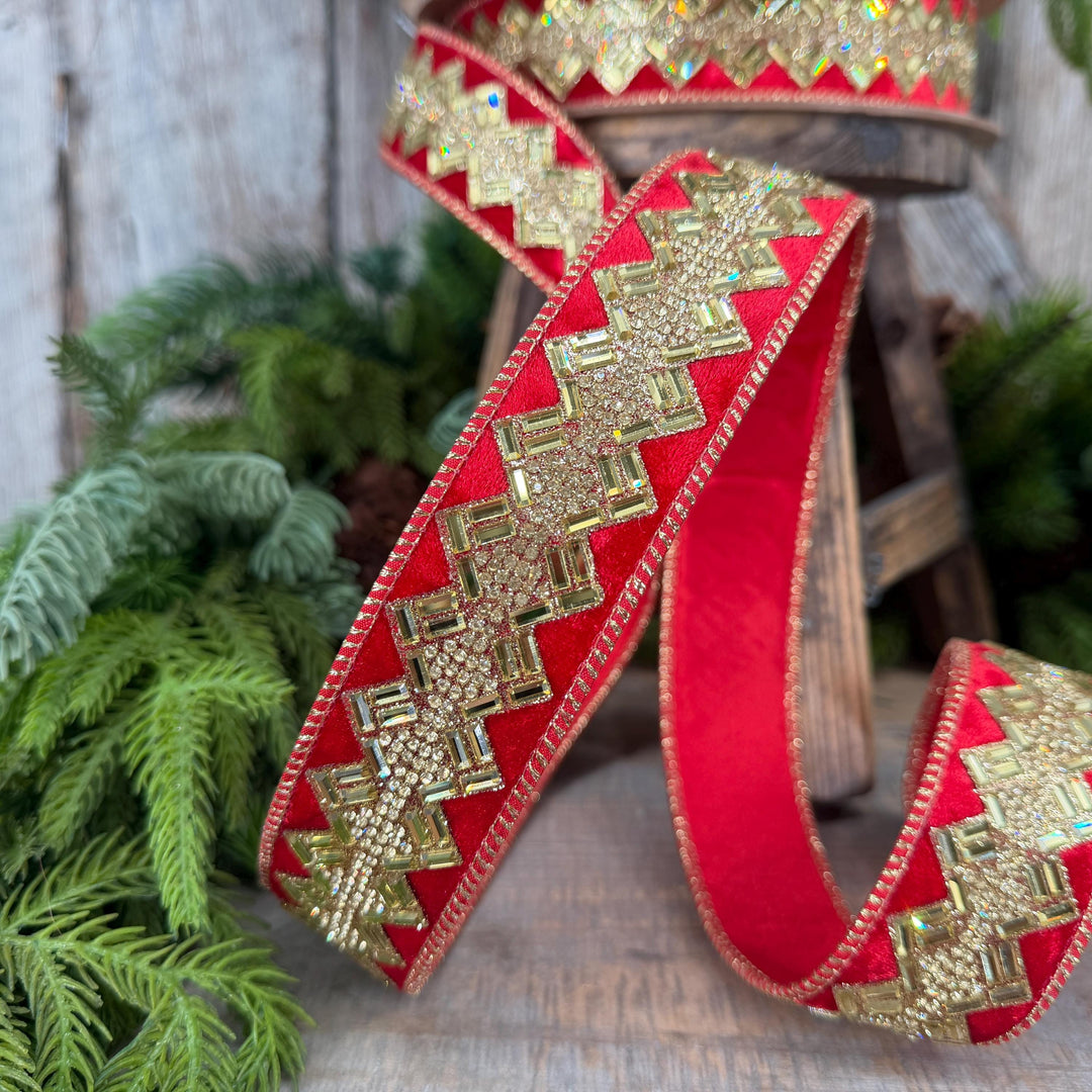 1.5” Red Jeweled Wired Ribbon, Gold Geometric Accent, 10-Yard Roll