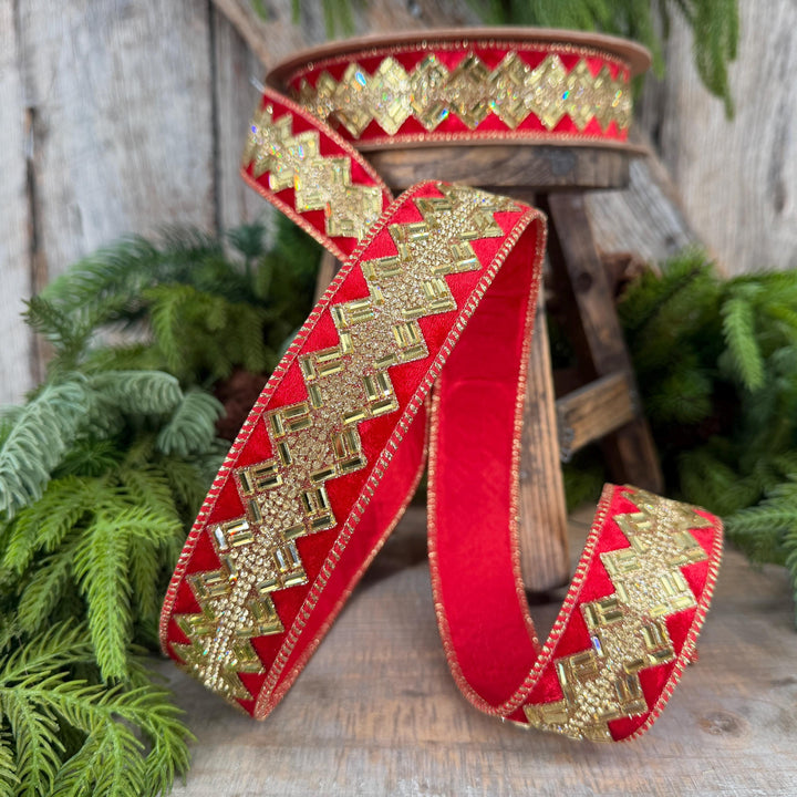 1.5” Red Jeweled Wired Ribbon, Gold Geometric Accent, 10-Yard Roll
