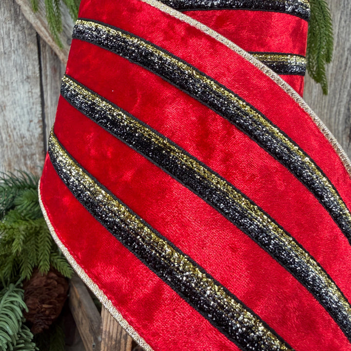 4” Red Velvet Wired Ribbon, Black Gold Metallic Trim, Gold Backing