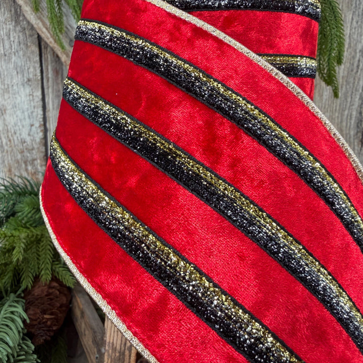 4” Red Velvet Wired Ribbon, Black Gold Metallic Trim, Gold Backing