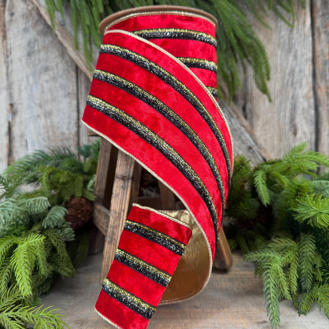 4” Red Velvet Wired Ribbon, Black Gold Metallic Trim