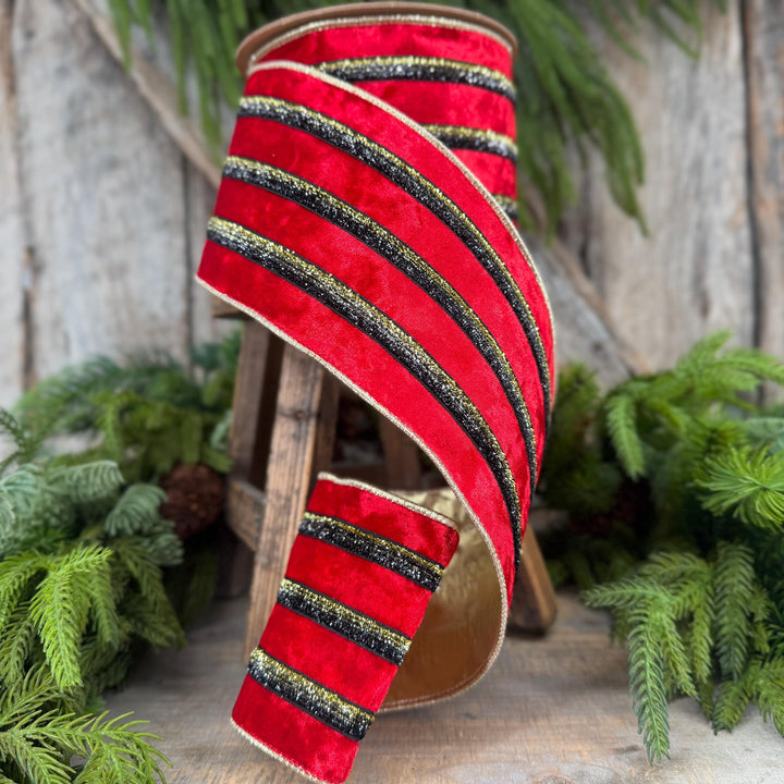 4” Red Velvet Wired Ribbon, Black Gold Metallic Trim, Gold Backing