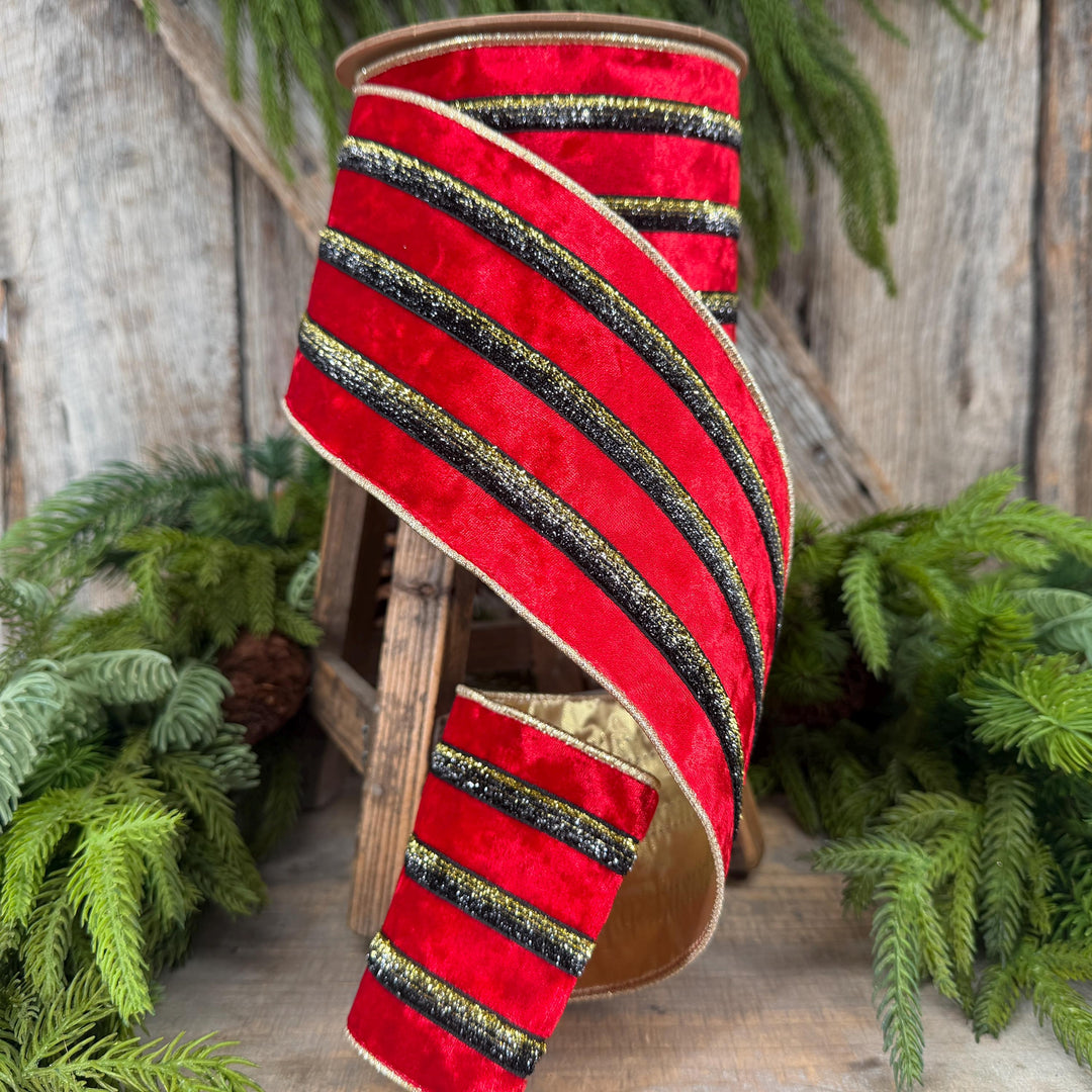4” Red Velvet Wired Ribbon, Black Gold Metallic Trim, Gold Backing
