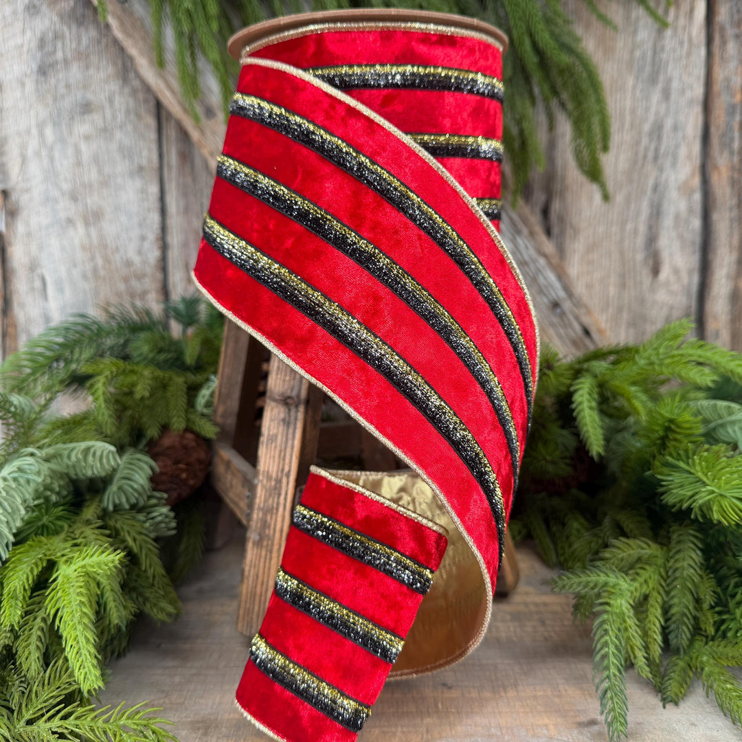 4” Red Velvet Wired Ribbon, Black Gold Metallic Trim
