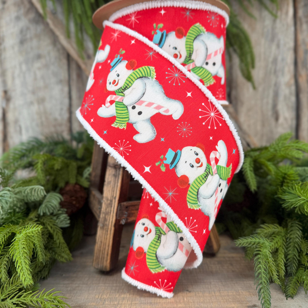 4” Retro Snowman Wired Ribbon, Red and White Pom Pom Edge Ribbon
