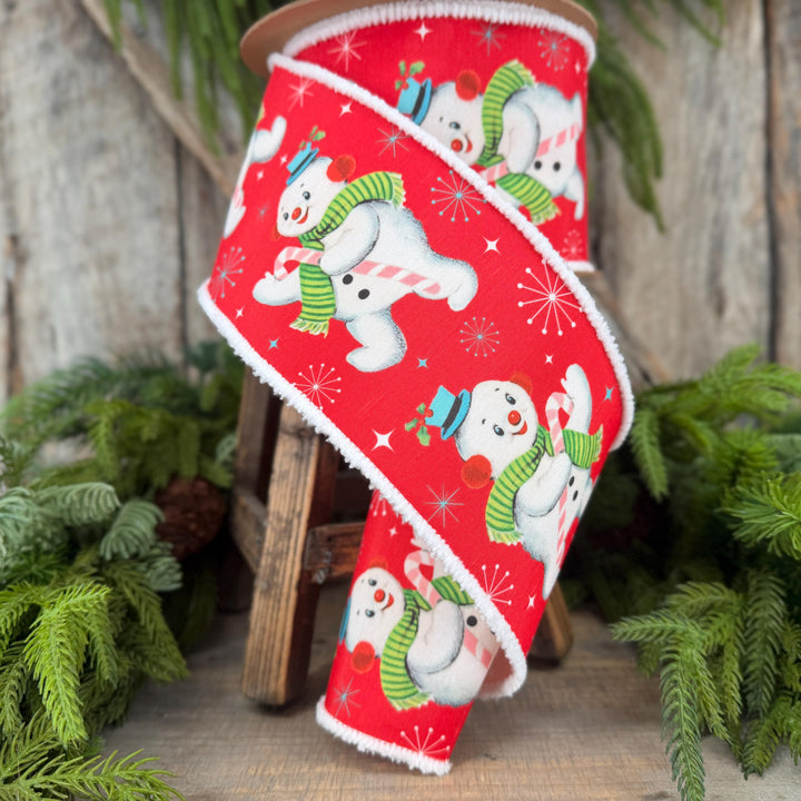 4” Retro Snowman Wired Ribbon, Red and White Pom Pom Edge Ribbon