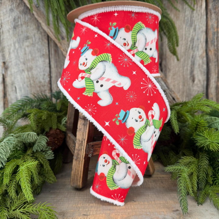 4” Retro Snowman Wired Ribbon, Red and White Pom Pom Edge Ribbon