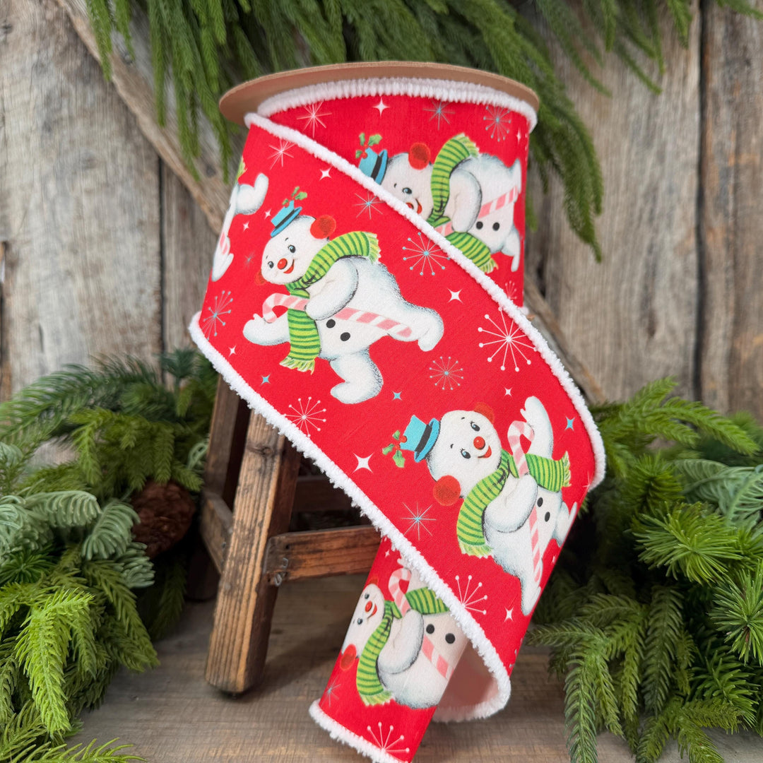 4” Retro Snowman Wired Ribbon, Red and White Pom Pom Edge Ribbon