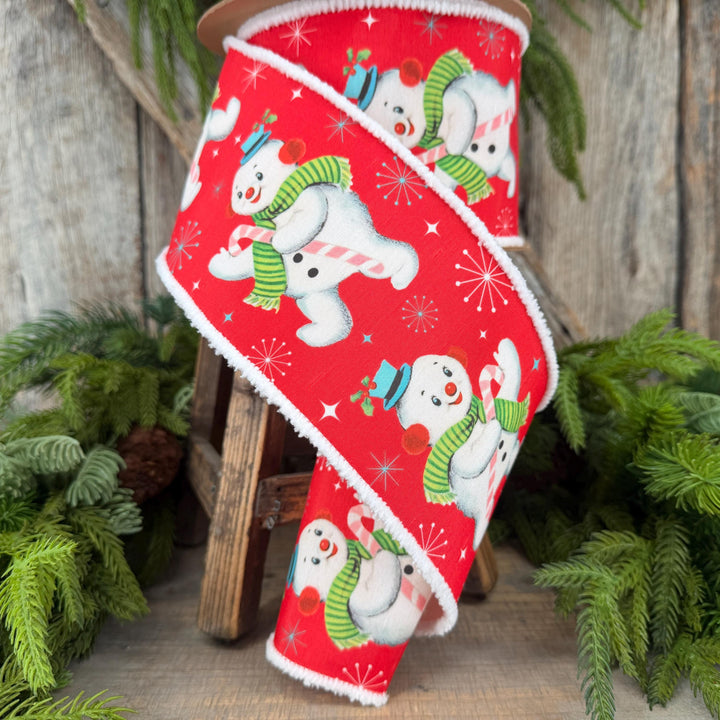 4” Retro Snowman Wired Ribbon, Red and White Pom Pom Edge Ribbon