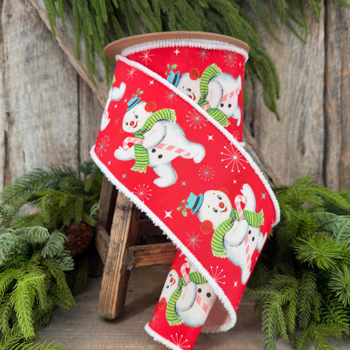 4” Retro Snowman Wired Ribbon, Red and White Pom Pom Edge Ribbon