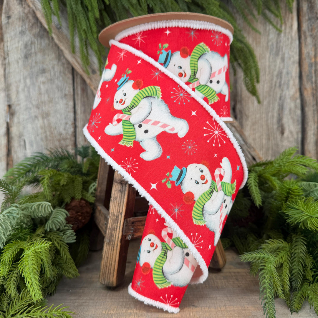 4” Retro Snowman Wired Ribbon, Red and White Pom Pom Edge Ribbon