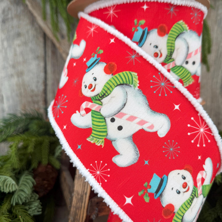 4” Retro Snowman Wired Ribbon, Red and White Pom Pom Edge Ribbon