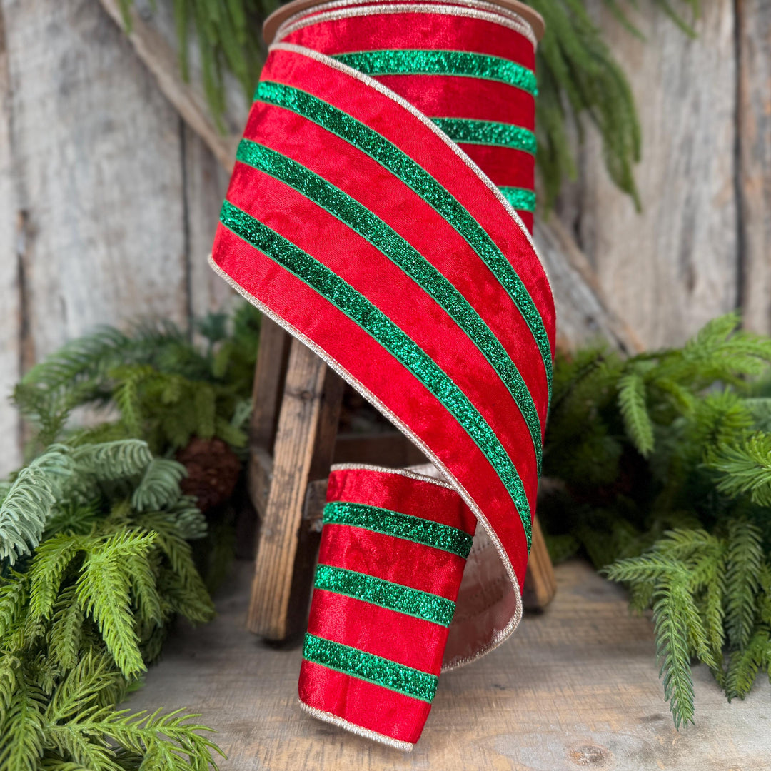 4” Red Velvet Wired Ribbon, Red Emerald Green Metallic Trim, 10 Yards