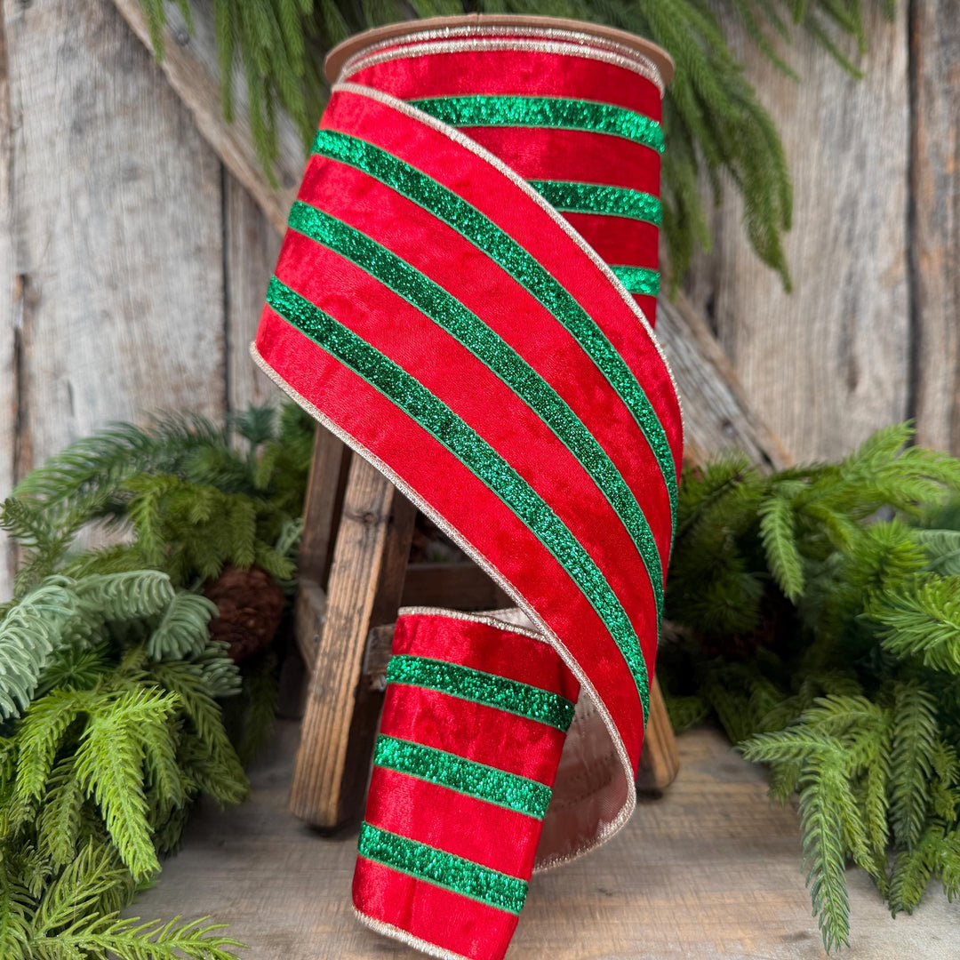 4” Red Velvet Wired Ribbon, Red Emerald Green Metallic Trim, 10 Yards