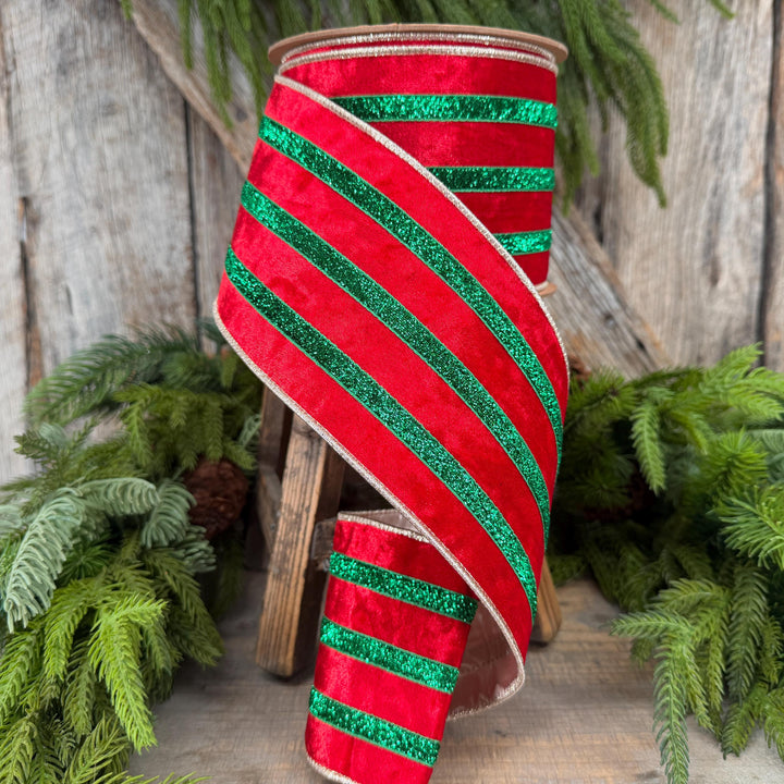 4” Red Velvet Wired Ribbon, Red Emerald Green Metallic Trim