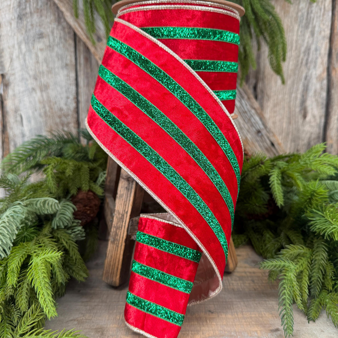 4” Red Velvet Wired Ribbon, Red Emerald Green Metallic Trim, 10 Yards
