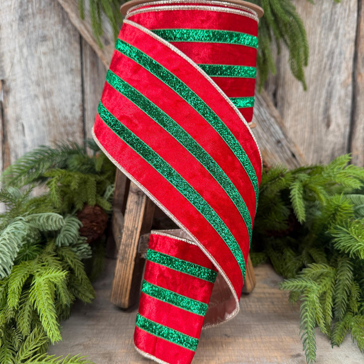 4” Red Velvet Wired Ribbon, Red Emerald Green Metallic Trim