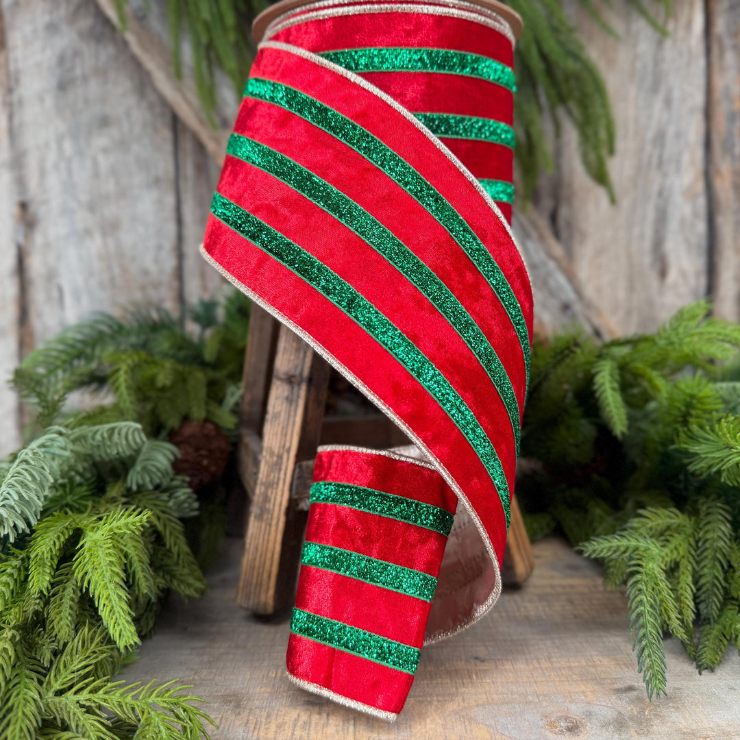 4” Red Velvet Wired Ribbon, Red Emerald Green Metallic Trim, 10 Yards