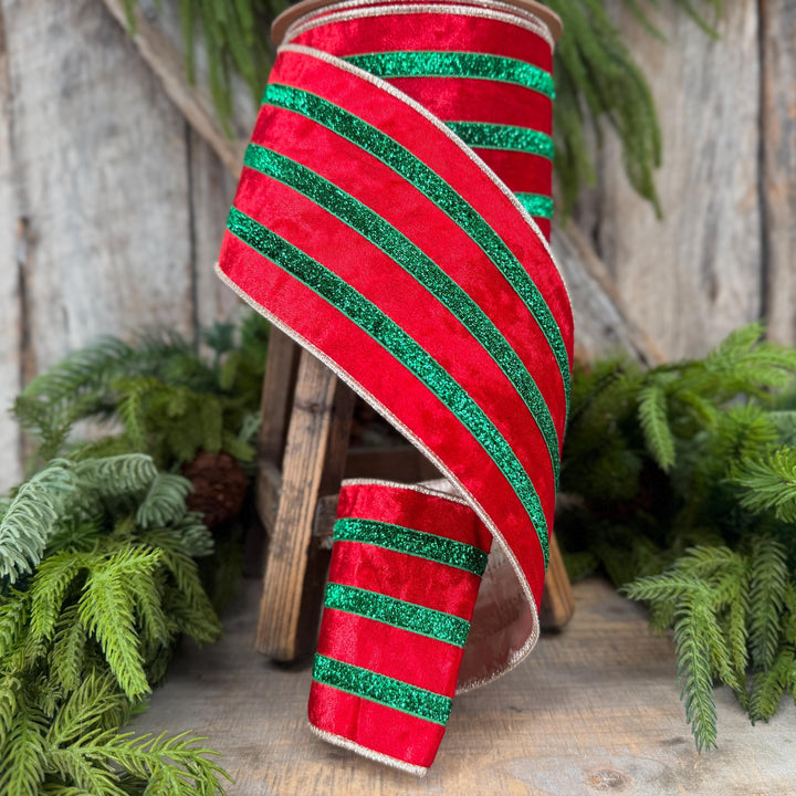 4” Red Velvet Wired Ribbon, Red Emerald Green Metallic Trim, 10 Yards