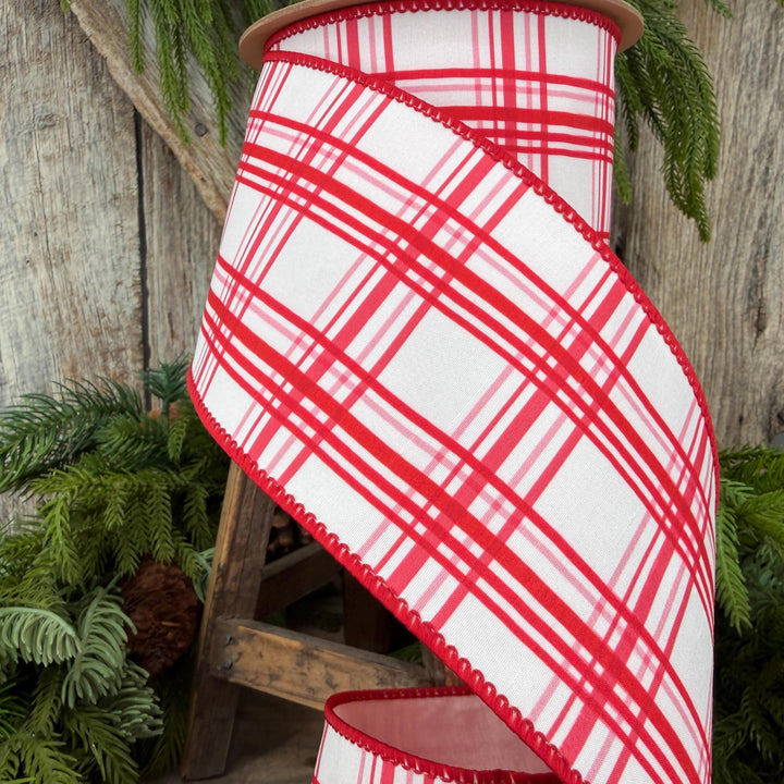 4” Pink Red Christmas Plaid Wired Ribbon, White with Pink Backing, 10-Yard Roll