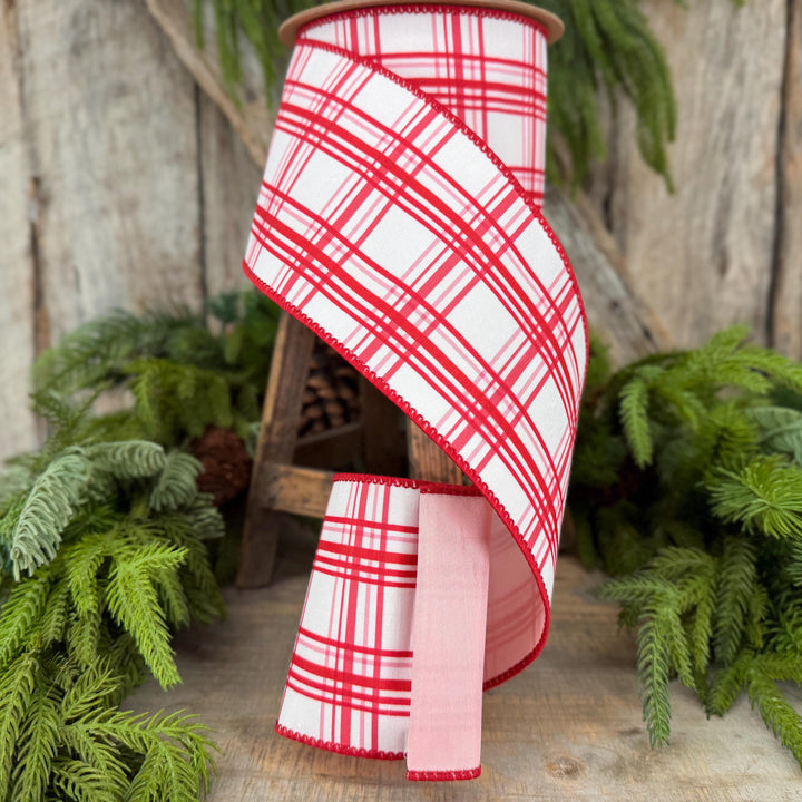 4” Pink Red Christmas Plaid Wired Ribbon, White with Pink Backing, 10-Yard Roll
