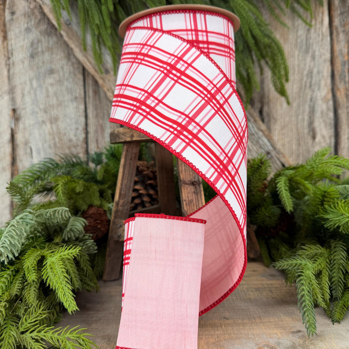 4” Pink Red Christmas Plaid Wired Ribbon, White with Pink Backing, 10-Yard Roll
