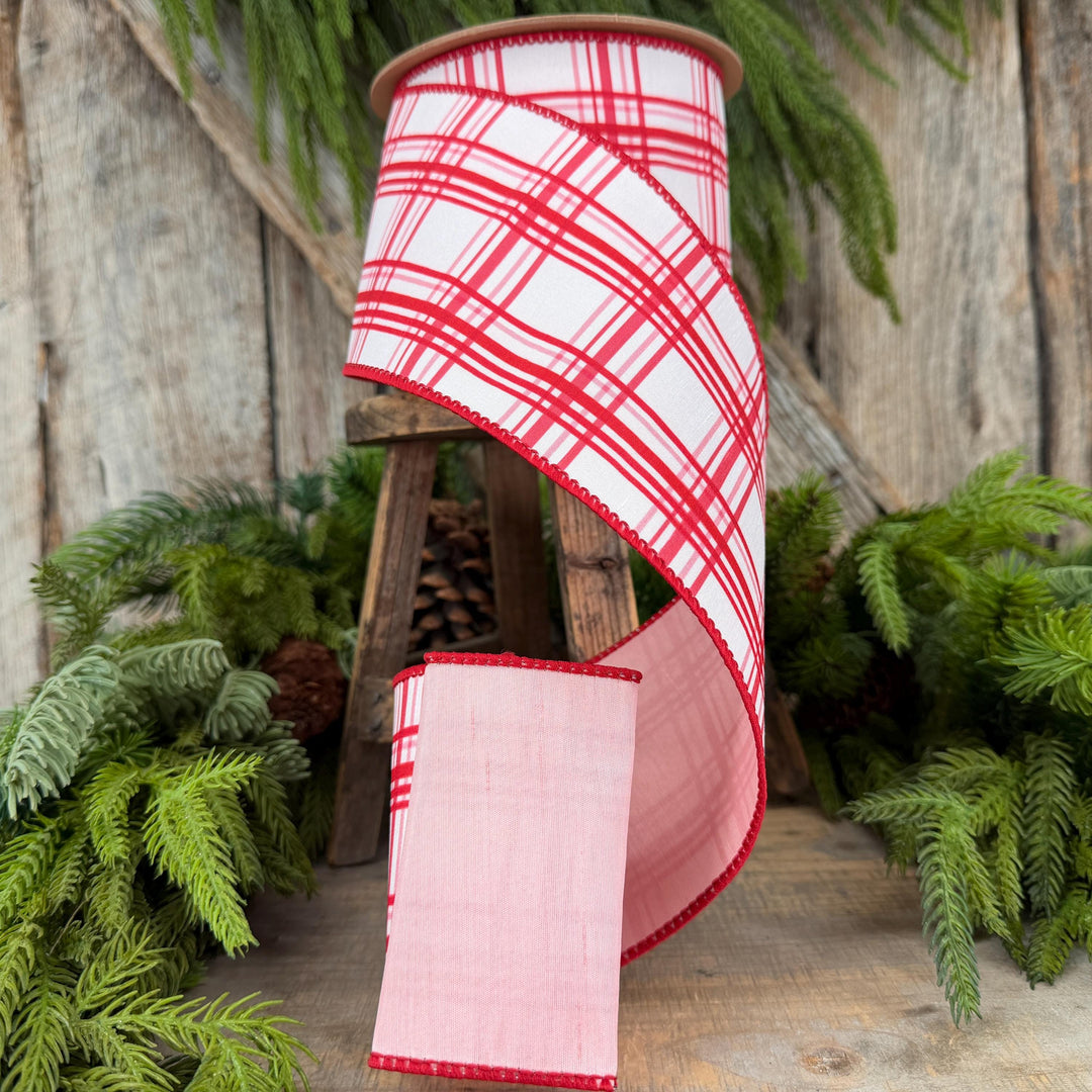 4” Pink Red Christmas Plaid Wired Ribbon, White with Pink Backing, 10-Yard Roll
