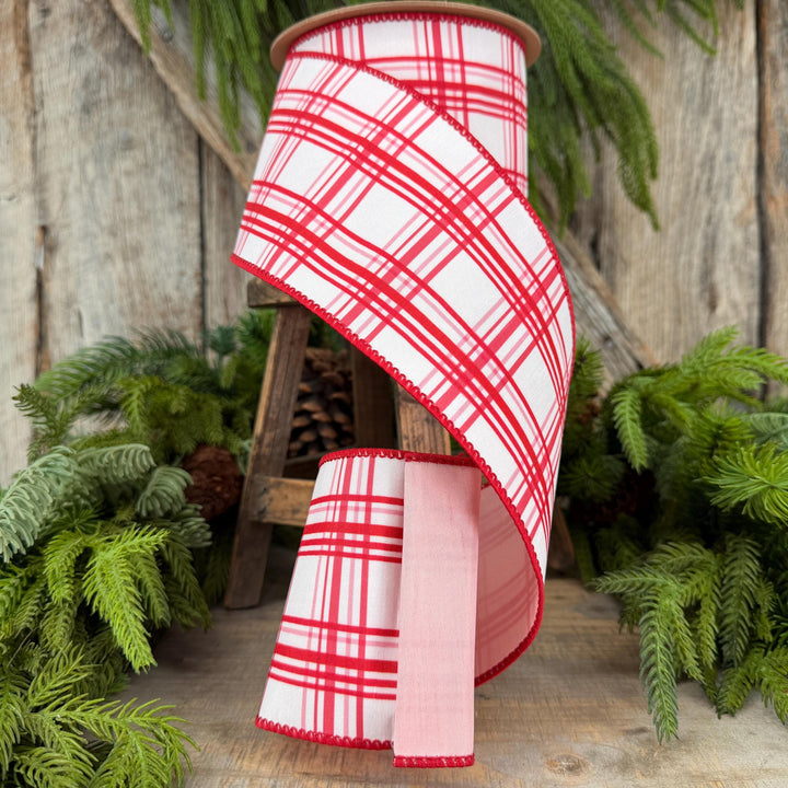 4” Pink Red Christmas Plaid Wired Ribbon, White with Pink Backing, 10-Yard Roll