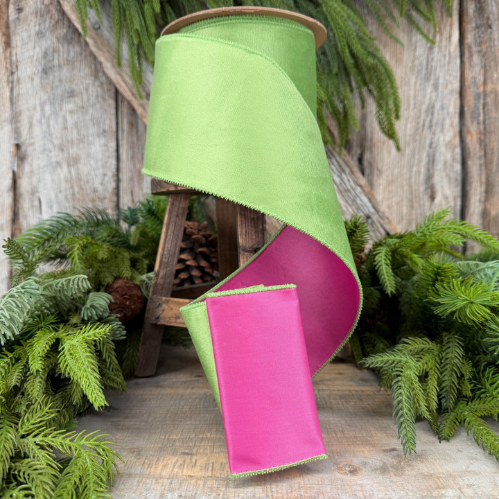 4” Lime Green Velvet Wired Ribbon, Hot Pink Backing, 10 Yard Roll