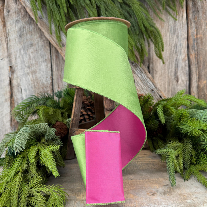 4” Lime Green Velvet Wired Ribbon, Hot Pink Backing, 10 Yard Roll
