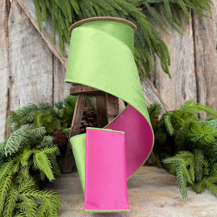 4” Lime Green Velvet Wired Ribbon, Hot Pink Backing, 10 Yard Roll