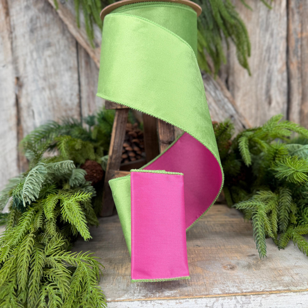 4” Lime Green Velvet Wired Ribbon, Hot Pink Backing, 10 Yard Roll