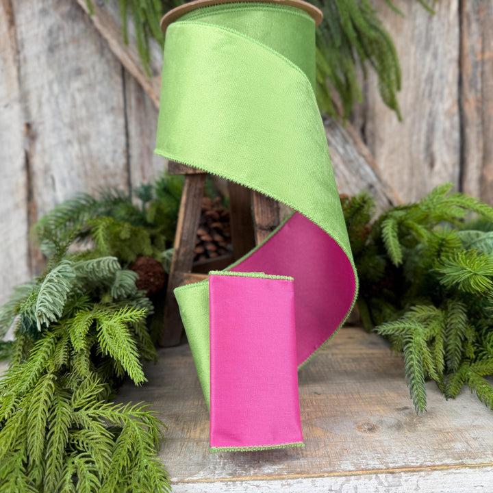 4” Lime Green Velvet Wired Ribbon, Hot Pink Backing, 10 Yard Roll