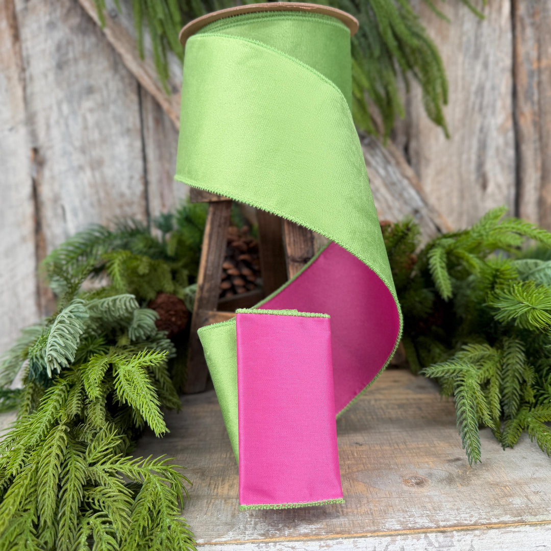 4” Lime Green Velvet Wired Ribbon, Hot Pink Backing, 10 Yard Roll