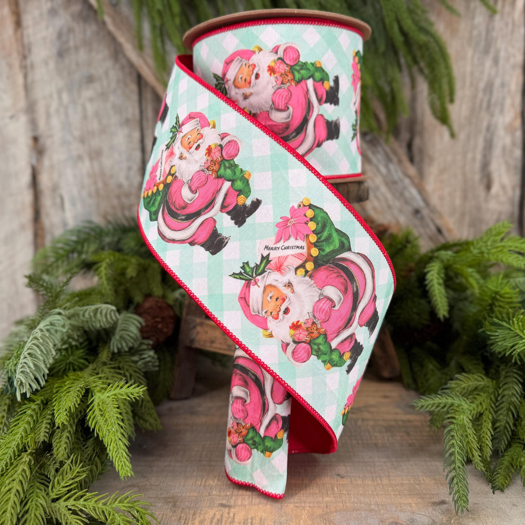 4” Retro Pink Santa Wired Ribbon, Mint Green Check, Red Backing, 10 Yard Roll
