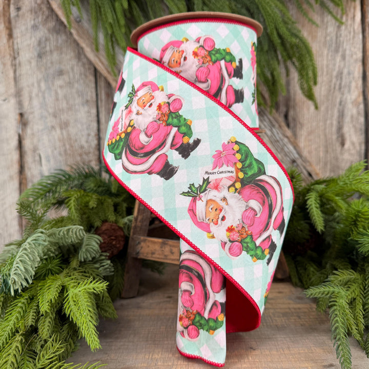 4” Retro Pink Santa Wired Ribbon, Mint Green Check, Red Backing, 10 Yard Roll