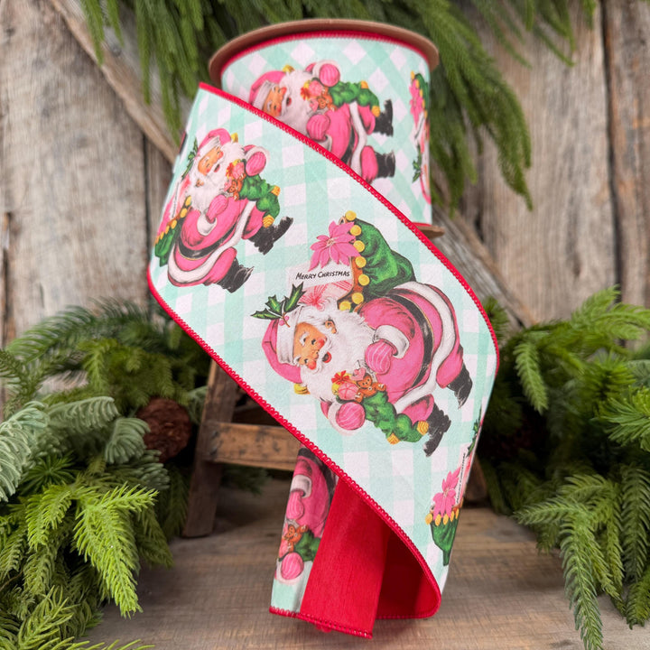 4” Retro Pink Santa Wired Ribbon, Mint Green Check
